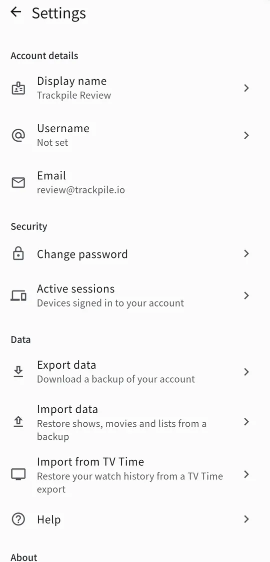 The settings screen showing the export and import options.