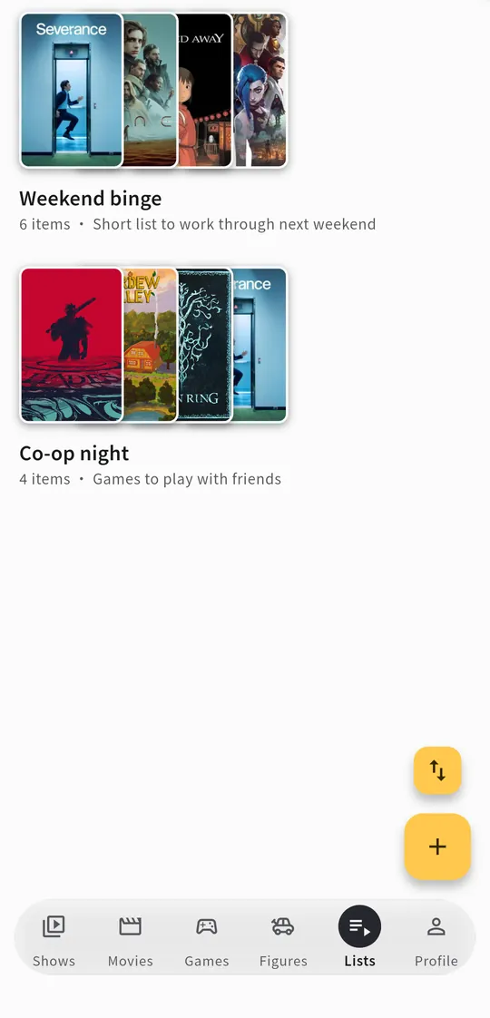 Custom lists in Trackpile, each showing a collage of the cover art of the items it holds.