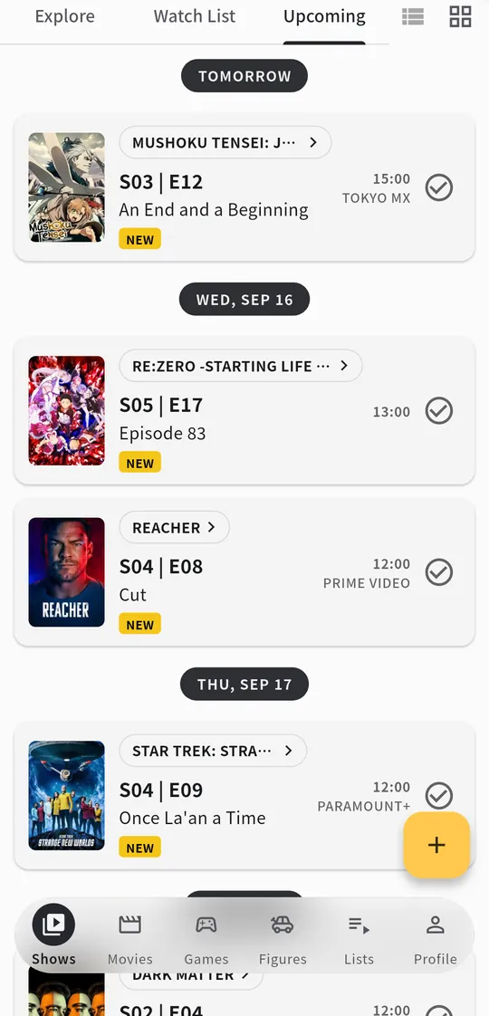 The Upcoming tab listing episodes that have not aired yet, grouped by their air date.