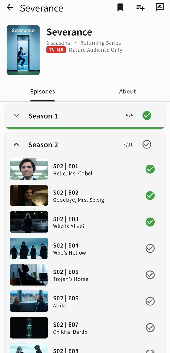 A show's episode list, with watched episodes checked off season by season.